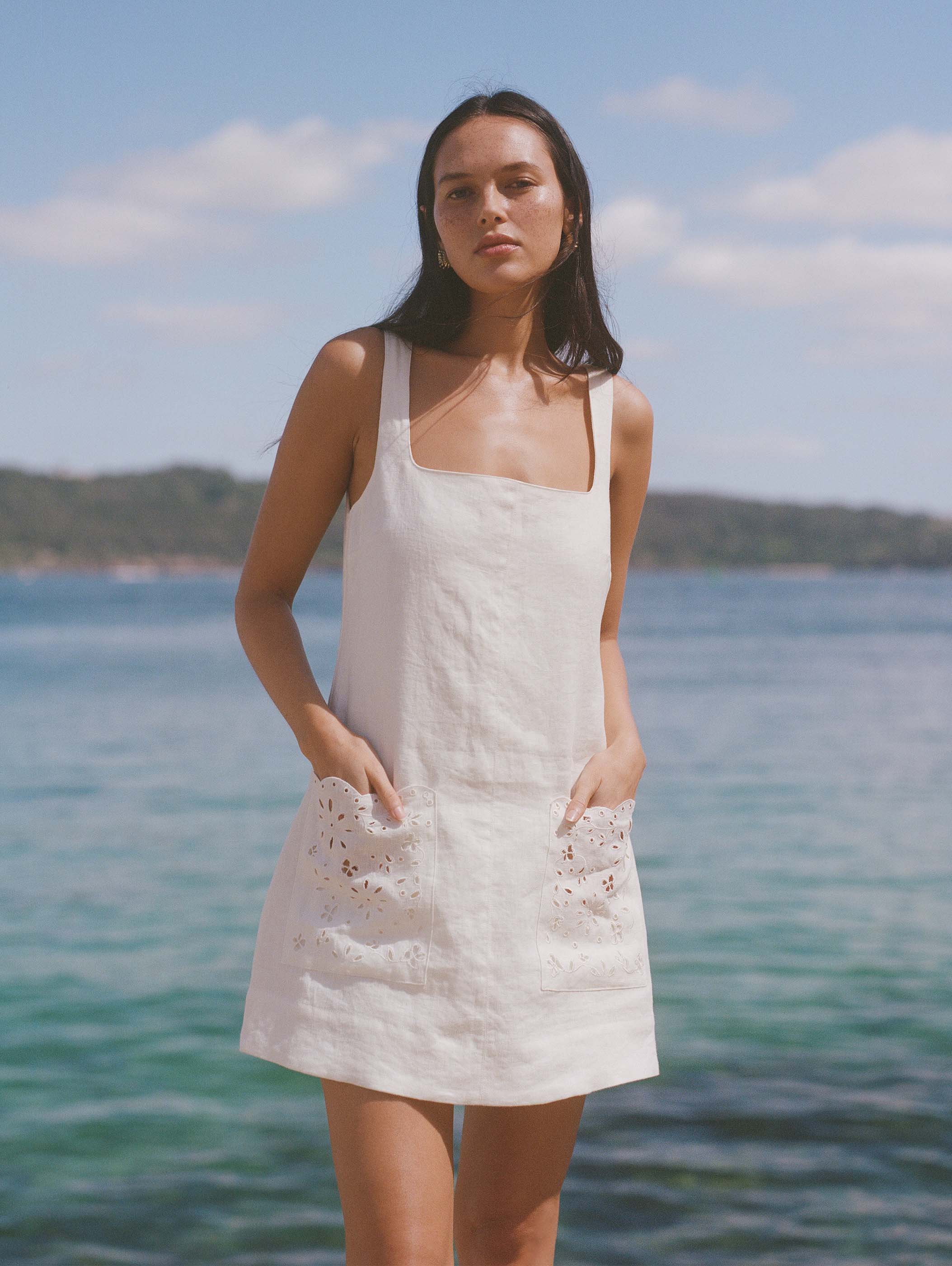 Embroidered Shift Mini Dress // Crème